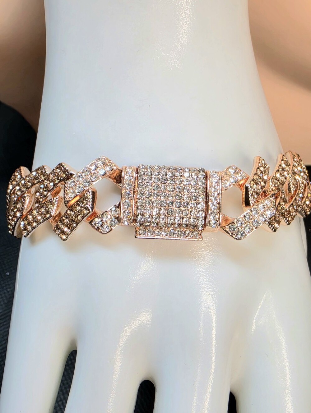Rose Gold Tone Iced Cuban Link Bracelet 8" 36g Crystal Pave NWOT